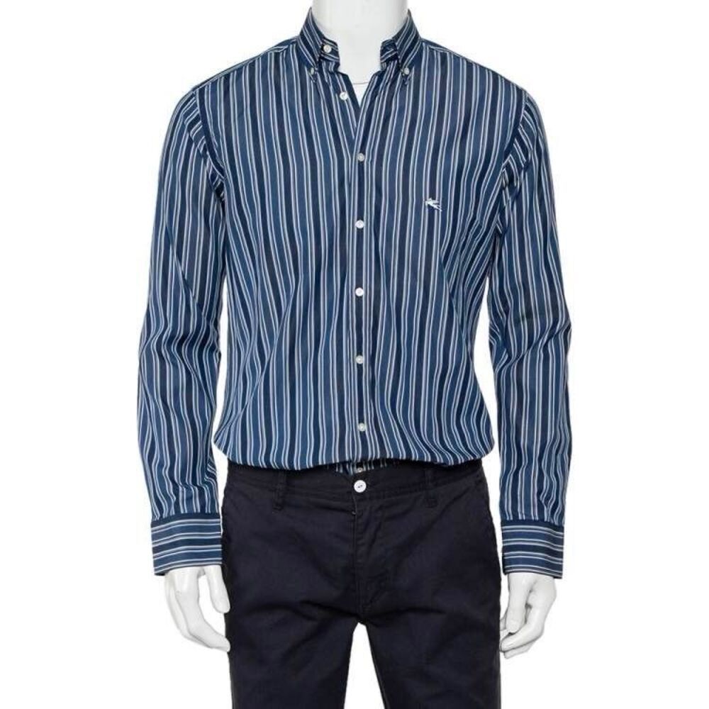 Etro Men's Button-Down Shirt Blue Striped Long Sleeves Size 37 See Measurements